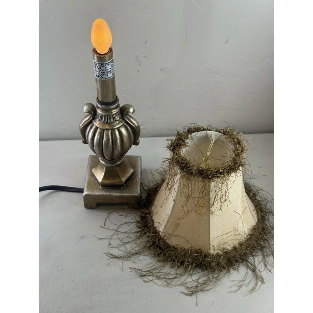 Vintage Antique Bronze Mini Accent Lamp Fringed Fabric Bell Shade Nightlight 13
